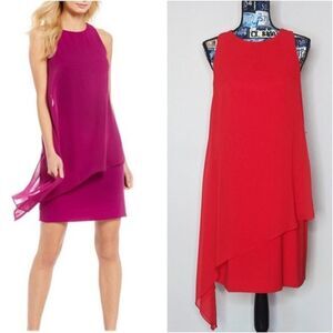 TAHARI Asymmetrical Shift Dress Chiffon Overlay Drapey Sleeveless Flowy Red Sz 8